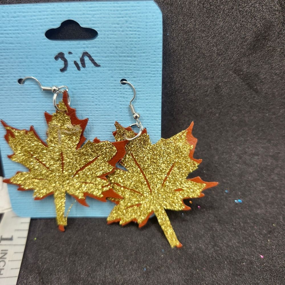 Hand Crafted Dangle Earring Faux Leather Gold Glitter Maple Leaf